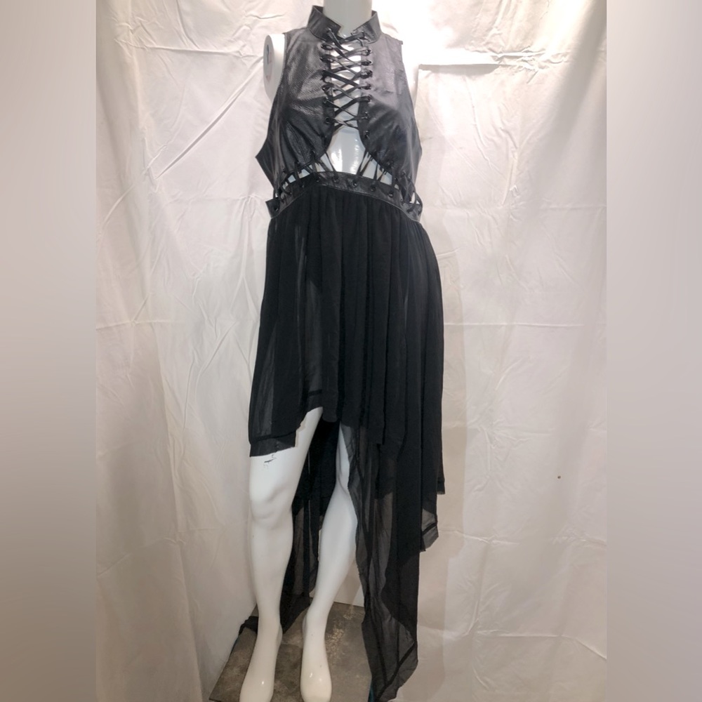 Goth lace up high neck vegan leather midi dress from Darker Wavs/Dolls Kill